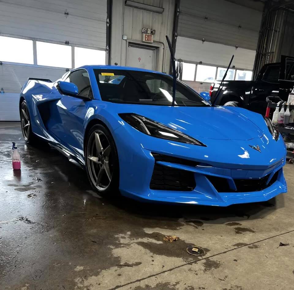 Blue C8 Corvette with fresh gloss in The Gloss Spot shop, Champaign IL